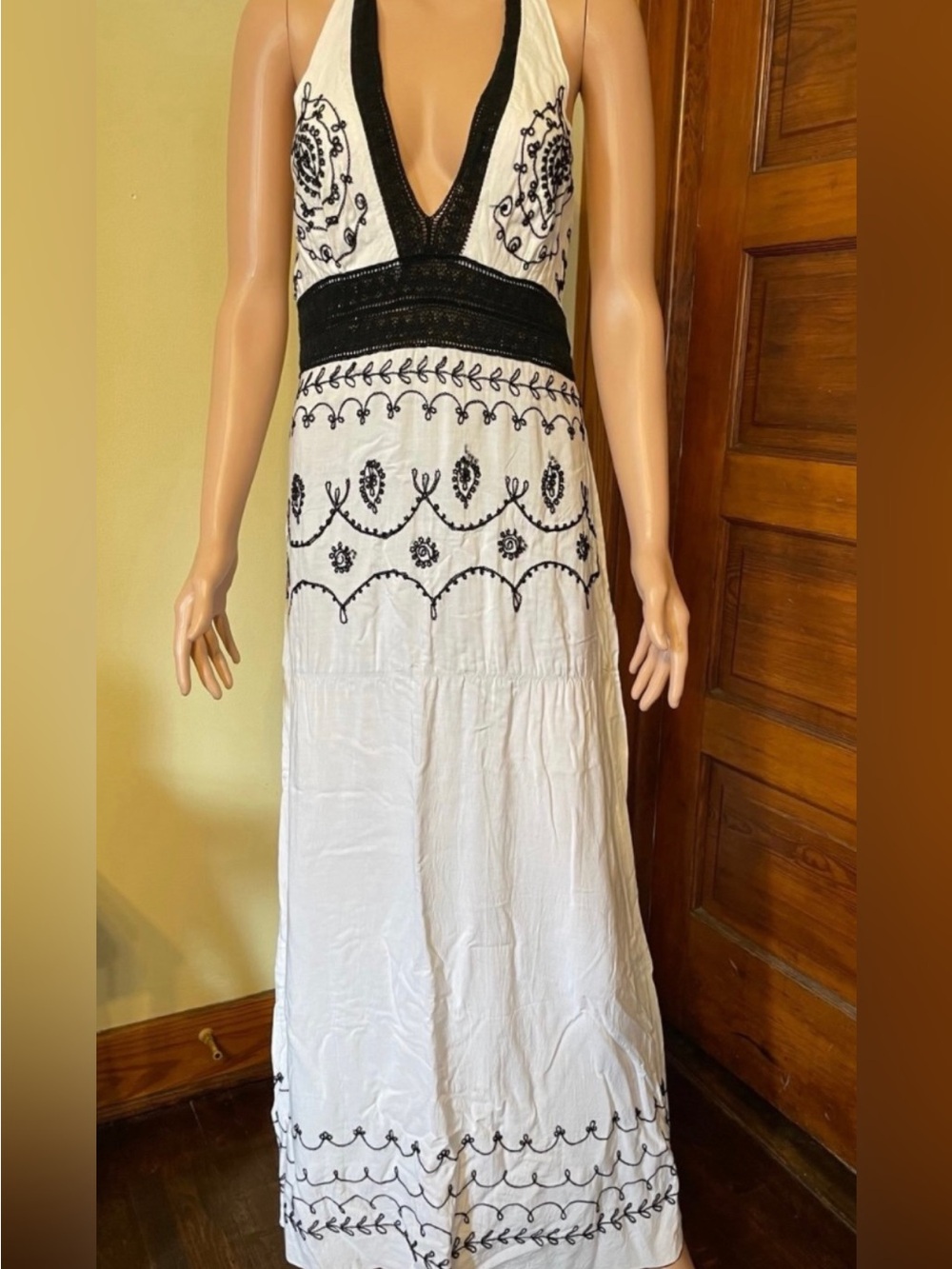 White Maxi Dress with Black Embroidered Detail - Deep V Halter